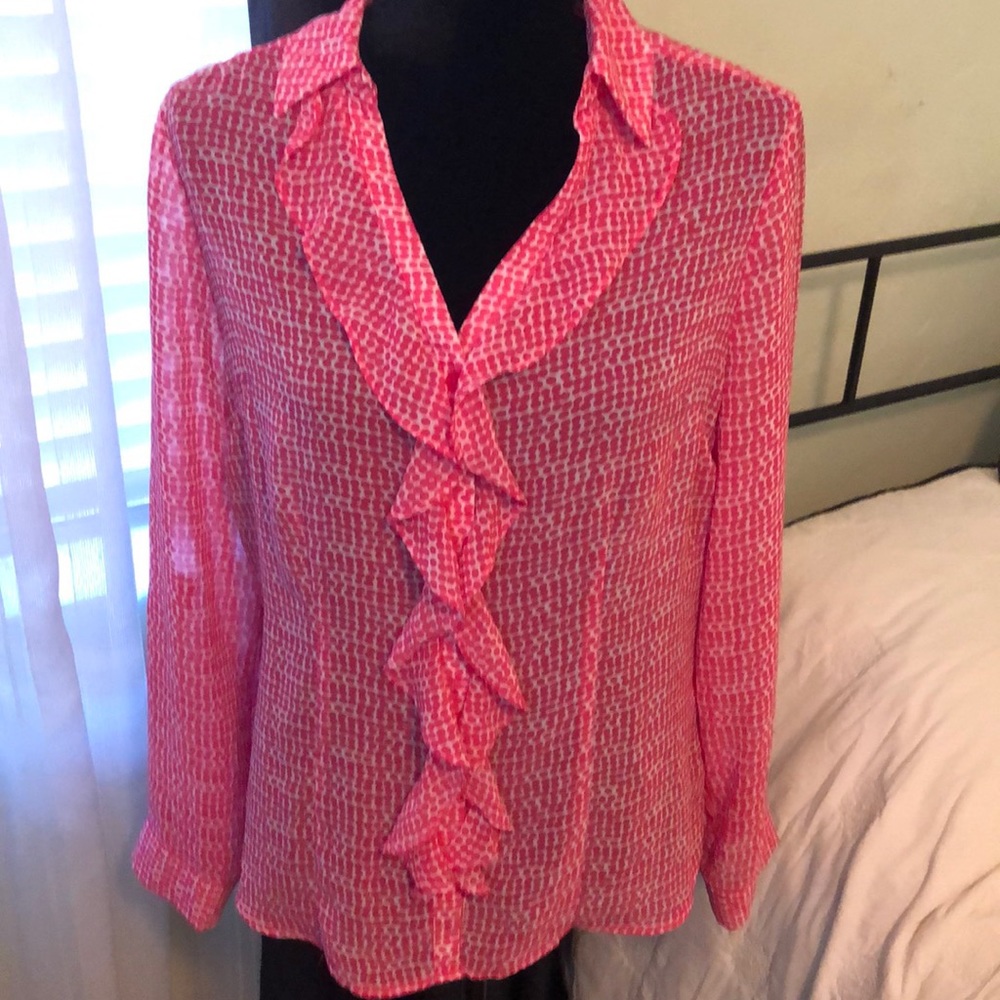 Hot pink and white button- down blouse, M